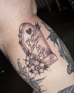 Gravestone Tattoo by Rachel Rush at Double Diamond Tattoos in West Chester