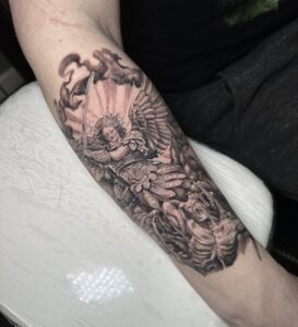 St. Micheal Tattoo by Rachel Rush at Double Diamond Tattoos in West Chester