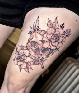 Skull and Flowers Tattoo by Rachel Rush at Double Diamond Tattoos in West Chester